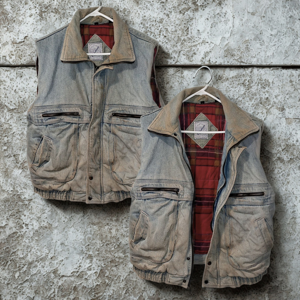 Expeditions Vintage 90s Acid Wash Denim Vest Flannel Lined Distressed Men’s L
